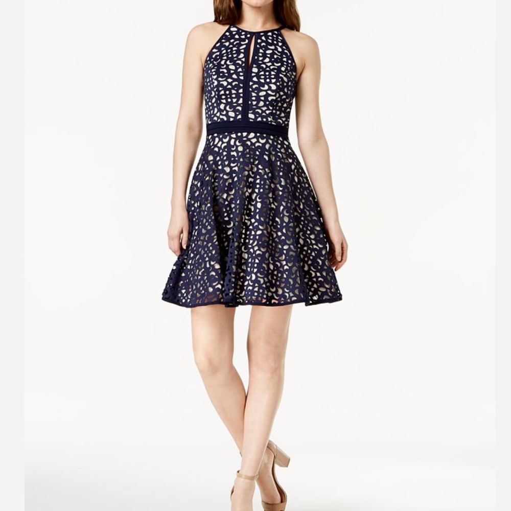Xscape Women Laser Cut Halter A Line Mini Dress Size 12 Keyhole Navy Party